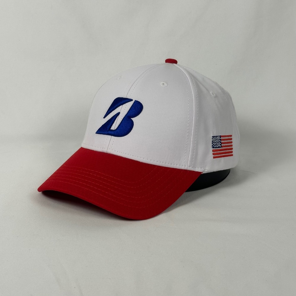 Bridgestone Golf Hat Mens OSFA White Red USA Flag Embroidered Strapback Cap